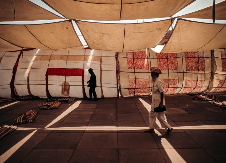 Large panels of fabric stretched overhead to form a canopy